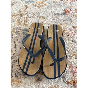 Solfish Mens Flip Flop Sandals Navy Blue Striped‎ Wood Grain Print Size L 11-12